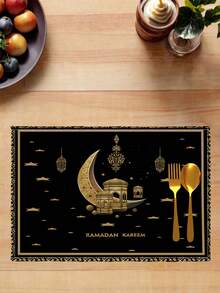 2pcs Black Crescent Moon Lamp Pattern Placemats, Suitable For Kitchen, Home, Indoor/Outdoor Tabletop, Coffee Bar, Tea Party, Holiday Decor - Black - View 7