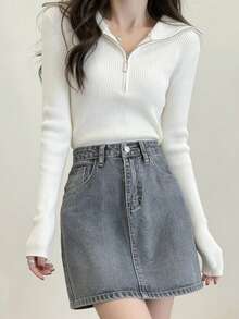 女式百搭拉链半领长袖针织毛衣上衣 - 白色 - 查看 5