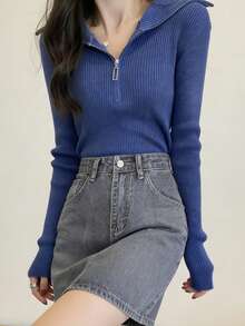 女士修身百搭拉链半领长袖针织上衣，休闲设计 - 藍色 - 查看 8