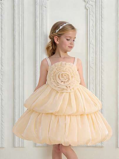 Young Girls Layered Organza Floral Sleeveless Elegant Princess Dress, Suitable For Birthday Party, School Dance, Without Headband