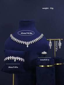 5pcs Luxury Royal Style Geometric Design Bridal Wedding Jewelry Set, Handset White Cubic Zirconia, Including Necklace, Bracelet, Earrings, Ring, Suitable For Daily Wedding Wear, Wedding Anniversary Gift (Comes In Gold Gift Box) - Geometric Bridal Set - View 2