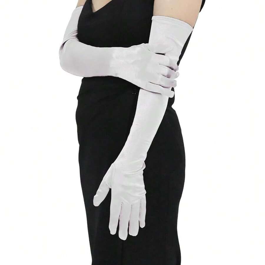 SUFEINI Women Long Satin Gloves Stretchy Elbow Length 21'' Opera Party Gloves 1920 S Womens Flapper Gloves,Large,White - White - 查看 1