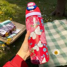 Owal'o 32oz  Stainless Steel Insulated Water Bottle - Keeps Beverages Hot Or Cold For Extended Periods, Available In Various Floral Designs, Features A Pop-Up Lid, Carrying Handle, And Straw, Perfect For Outdoor Activities, Car Use, Sports, And As A Gift. - 紅色 - 查看 2