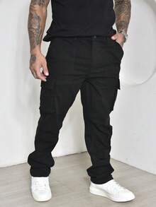 Men's Casual Cargo Pants With Multi-Pocket Design And Elastane - 黑色 - 查看 5