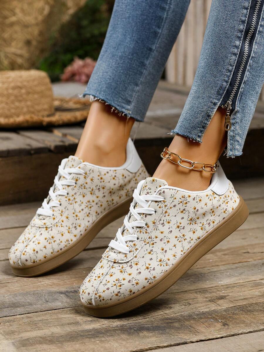 女士复古休闲运动跑步鞋，平底运动鞋，硫化鞋，厚底运动鞋，粉色橡胶底鞋，永不过时，舒适度高，是女士的必备之选。 - 米色 - 查看 1