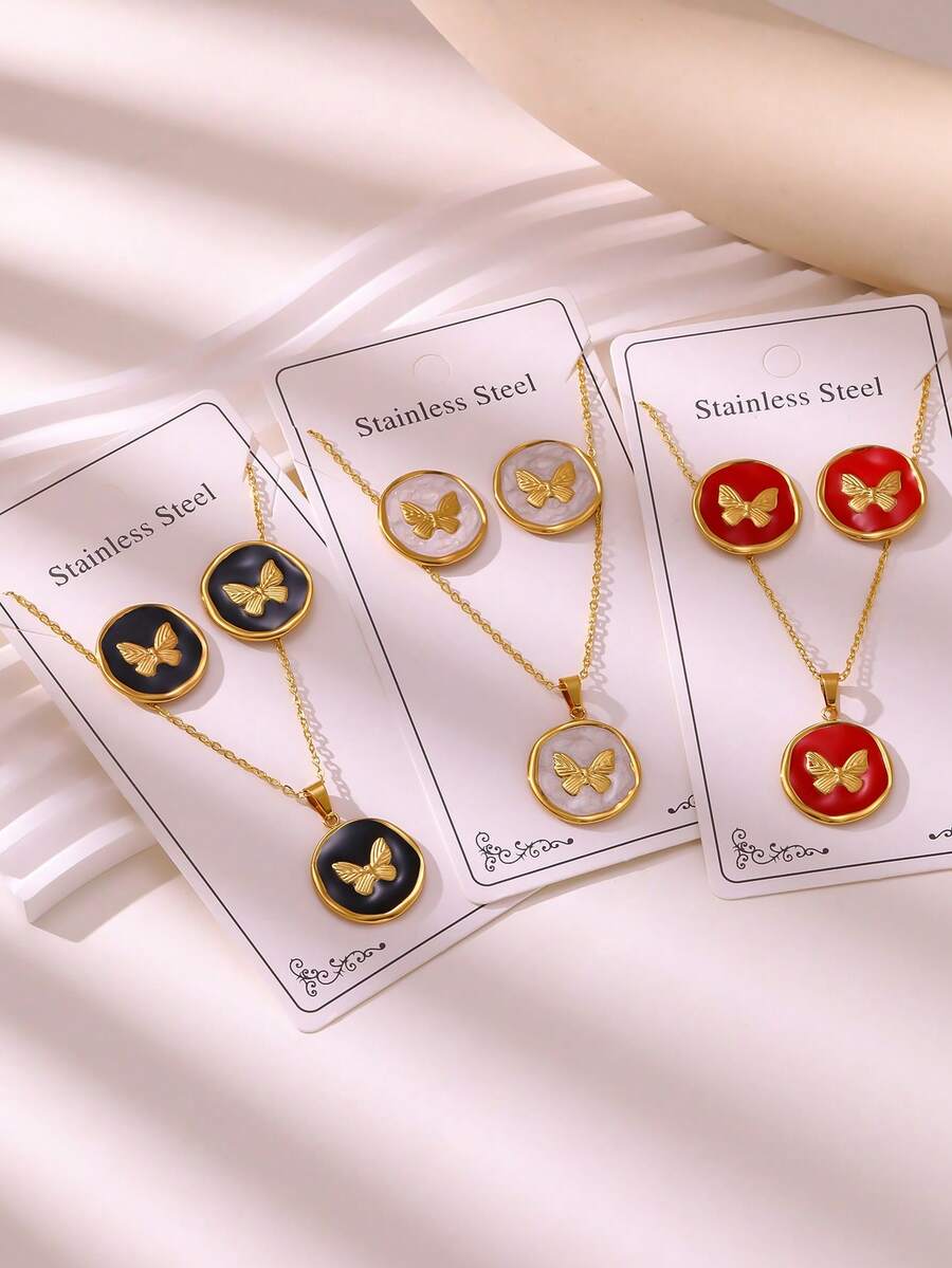 VJS 1 Set 304 Stainless Steel 18K Gold Plated Three-Color Round Butterfly Earrings & Necklace Set, Low Allergy, Rust-Resistant, Cute Accessories