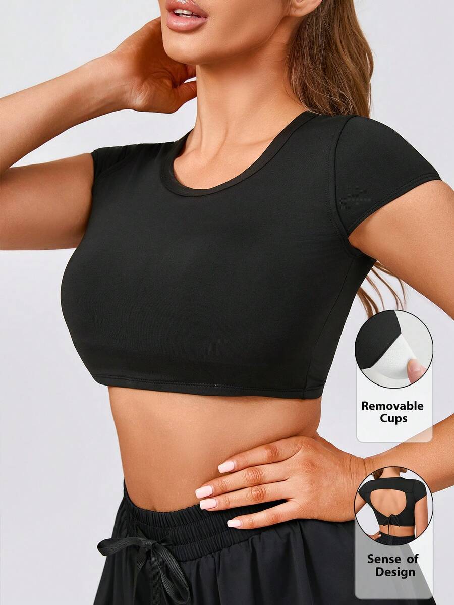 Women's Solid Color Fashionable Removable Padded Crew Neck Backless Drawstring Tie Sports Knit Bra - Black - View 1