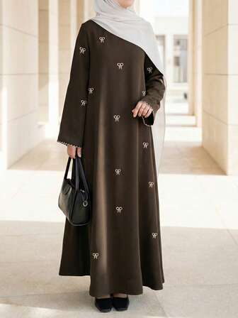 OENY | Elegant Women's Long Chiffon Kaftan Dress, Long Sleeve, Decorated With Delicate Butterfly Embroidery, Casual Round Neck Style