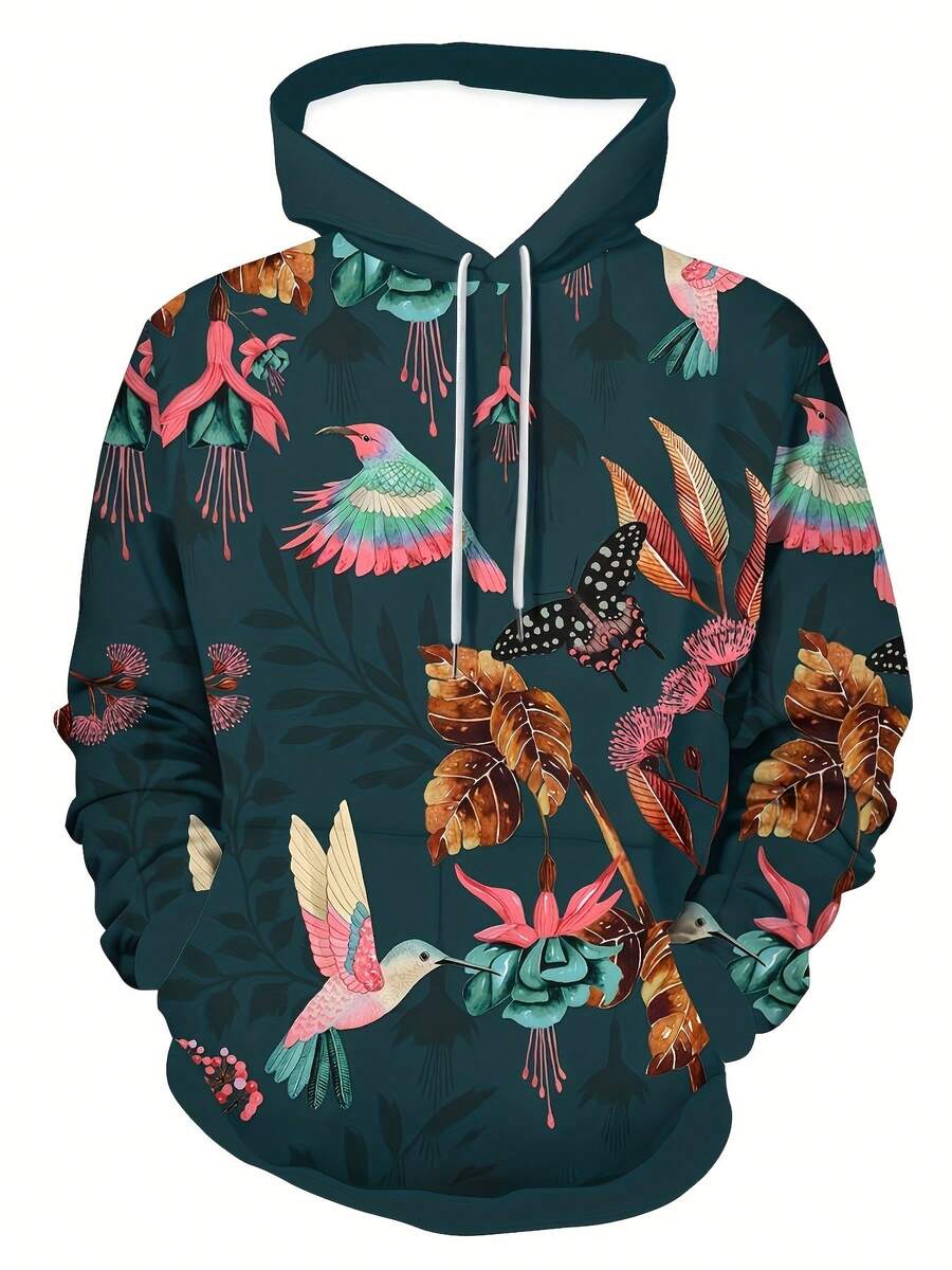 Men's Casual Digital 3D Printed Hoodie, Floral And Bird Pattern, Long Sleeve Pullover With Pockets - Nhiều màu - Xem 1