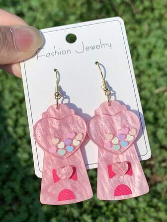 一对粉色亚克力心形礼盒耳环 - 浪漫女士时尚耳环，适合情人节、周年纪念日、日常甜美造型、礼品首饰