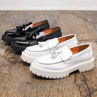 UK Style White Patent Leather Fringe Loafers, Thick Sole Elevator Shoes, Casual Leather Shoes, Plus Size Groom Wedding Shoes, Men Shoes