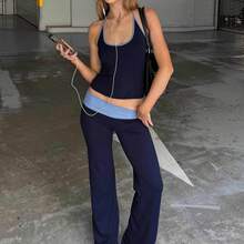 Women Two Piece Outfits Scoop Neck Sleeveless Contrast Color Slim Fit Halter Tops High Waisted Pants Set - Navy Blue - View 4