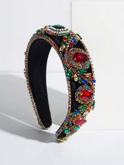 1pc Thick Velvet Padded Baroque Style Headband, Rhinestone Decorated, Vintage High Crown Design, Versatile For Formal Occasions, Parties, Costume Matching