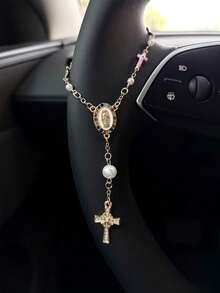 1件粉色珍珠十字架方向盘念珠挂饰，汽车念珠吊坠配件，独特时尚汽车装饰配件 - 珍珠十字架 - 查看 8