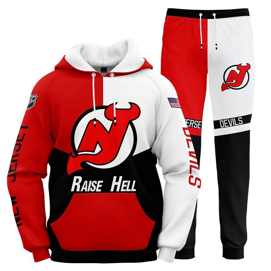 New-Jersey-Devils Men'S Stylish 3D Lion Print 2pcs Athletic Wear Set - Long Sleeve Hoodie & Joggers, Casual Outdoor & Gym Wear For Spring/Fall, Football Team Pattern Design, Comfortable & Breathable Fabric, Perfect For Comfortable Fit - 彩色 - 查看 1
