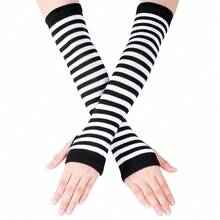 Nydotd Fingerless Long Sleeve Mittens Gloves Y2K Kawaii Japanese Harajuku Gothic Punk Knitted Striped Arm Warmer For Women,BlackWhite - 黑白 - 查看 1