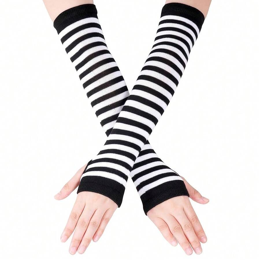 Nydotd Fingerless Long Sleeve Mittens Gloves Y2K Kawaii Japanese Harajuku Gothic Punk Knitted Striped Arm Warmer For Women,BlackWhite - 黑白 - 查看 1