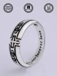 1pc S925 Sterling Silver Vintage Hollow Cross Faith Ring, Couple Rings With Black Zirconia "Forever Love" Engraved, Daily Wear, Gift Box Included - Couple Cross - View 8