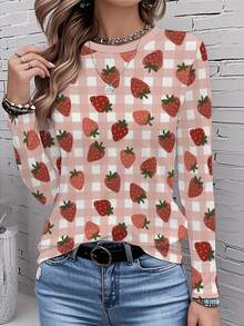 Women's Strawberry Print All-Over Checkered Tunic Top - Long Sleeve Round Neck Casual Blouse With Strawberry & Gingham Pattern, Spring/Fall Layering Essential, Machine Washable Pink & Red Fruit Design, Relaxed Fit For Casual Attire, Vibrant Strawberry Print With Checkered Background, Soft And Comfortable Fabric, Chic And Playful Style For Women - Mixed Color - 查看 3