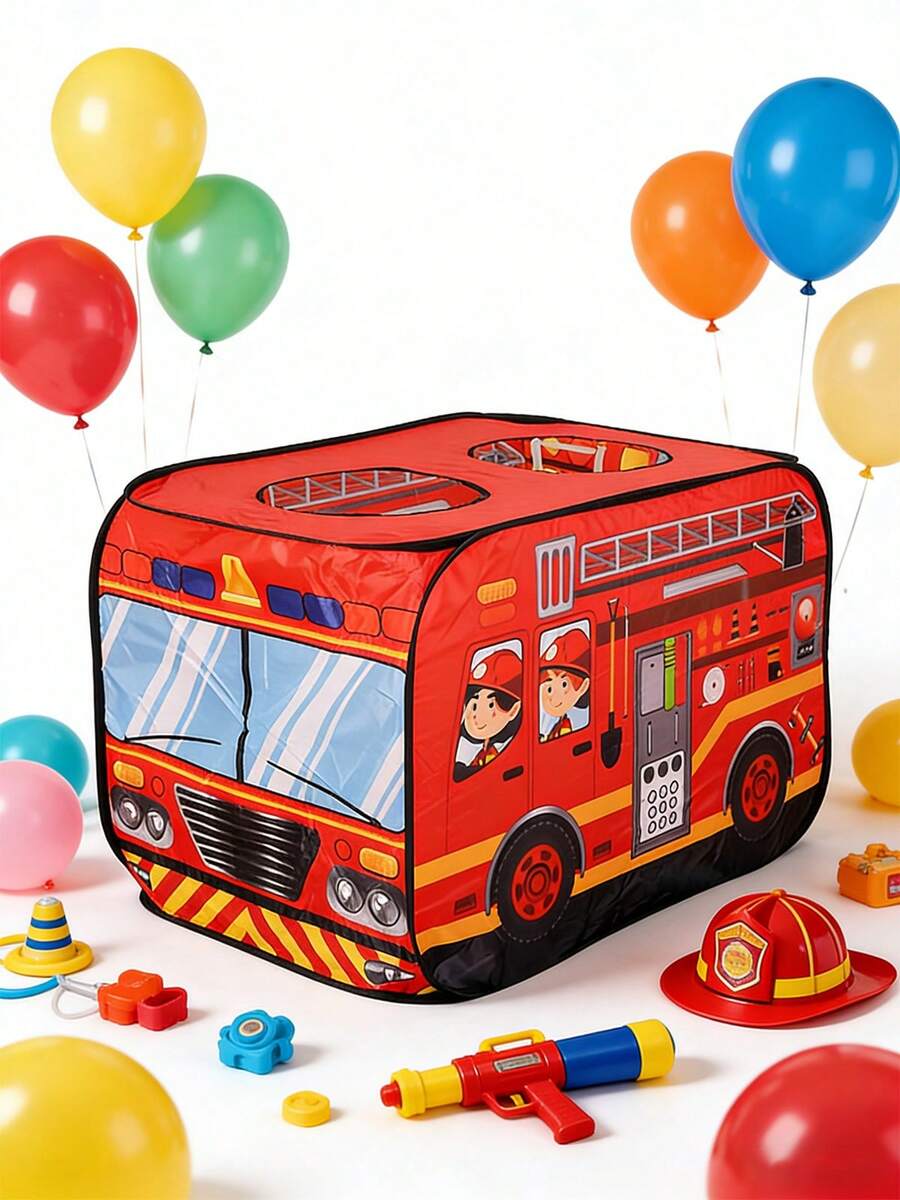 1pc Fire Truck Tent, Children's Play House, Super Cool Party Gear, Collapsible Portable Fire Truck Pop-Up Tent With Dust Bag, Indoor/Outdoor Use, Breathable Double-Layer Skylight Design, Children's Play World, Thanksgiving, Christmas, Halloween Gift, Birthday Gift For Boys And Girls