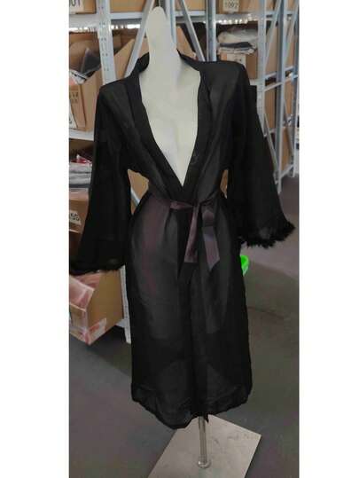 Women's Sexy Long Sleeve Robe - Deep V-Neck Tie Design, Flowing Long Style, Suitable For Home & Leisure, Comfortable & Warm | Deep V-Neck Robe