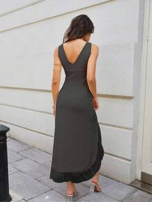 Halouya Women's Elegant Lace Patchwork Zipper High Slit Ruffle Hem Net Patchwork Wedding Guest Dress, Suitable For Summer Evening Dates, Elegant Parties Spring Black - Black - View 3