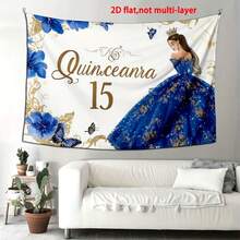 Elegant Quinceanera 15th Birthday Party Backdrop - Royal Blue & Golden Glitter Crown With Butterflies & Floral Design, Polyester Banner For Celebrations, Birthday Party Decorations, No Electricity Needed, Perfect For Anniversaries, Bachelor Parties - 黑色 - 查看 2