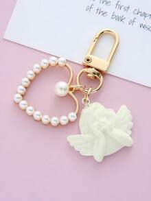 15个/5套天使珍珠心形钥匙扣，伴娘礼物，新娘送礼会回礼，婴儿送礼会回礼