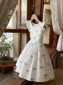 Girls Ivory White Elegant Cute Butterfly Print Princess Dress, Cap Sleeve Round Neck Dress, Spring/Summer - Beige - View 5