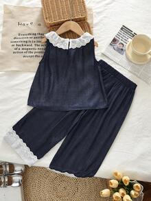bearleader 2pcs Girls Denim Style Sleeveless Top And Lace Trim Pants Set - Navy Blue - View 2