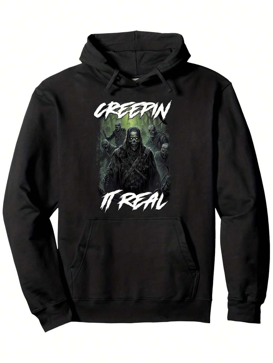 Creepin- It Real Halloween Zombie Graphic Hoodie Men-S Retro Horrorie Style Pullover, 50% And 50%, Longeeve With Pocket, Casual Fit, Halloween Costumes, Geometric Design, Regular_156 - Đen 10 - Xem 1