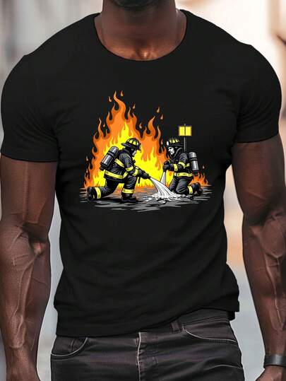 Firefighters Operating A Hose Print, Men's Round Crew Neck Short Sleeve Tee, Casual T-ShirtCasual Comfy Lightweight Top For Summer