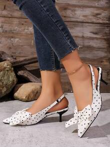 Novos Sandálias Mule de Salto Alto Fino com Bico Fino, Laço Decorativo e Bolinhas para Mulheres - Bege - Visão 2