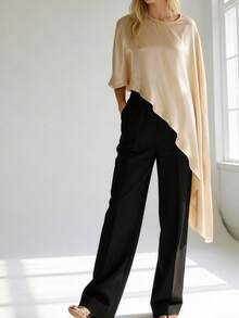 Awevudst Women's Loose Satin Poncho Tunic Tops High Low Silk Shawl Round Neck Ruffle Hem Capes See Through Shrug Bolero Top Cover Up Beachwear - Rượu sâm banh - Xem 5