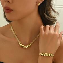 Collar de colgante de acero inoxidable chapado, simple y único, de moda europea y americana, conjunto elegante para mujeres - Conjunto de dos piezas de oro - Ver 10