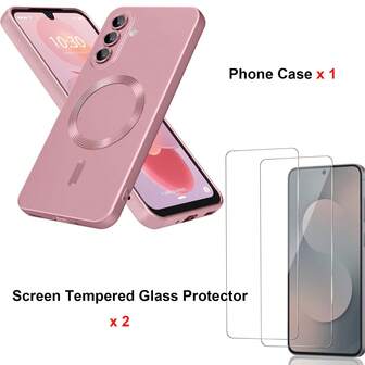 2 PIEZAS Protector de pantalla de vidrio 9H compatible con Samsung Galaxy A56, A36, A26, A16, A17, S25 FE compatible con [protector de lente de cámara integrado] Funda de teléfono mate suave de silicona amortiguadora con brillo metálico a prueba de golpes para S25 Ultra S24 Ultra