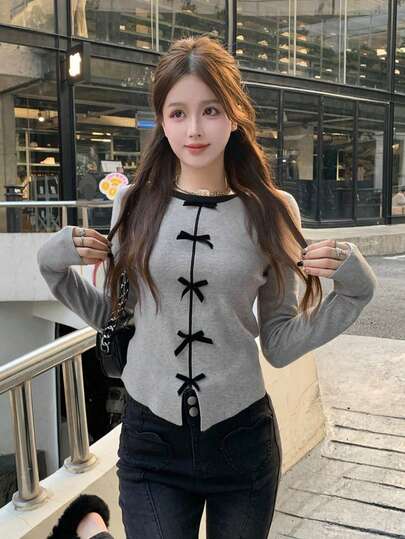 3D Bow Decor Contrast Color Classy Flattering Slim Fit Sweater For Women, Autumn/Spring, For Daily, Dating,Commuting, Christmas, Long Sleeve Tops
