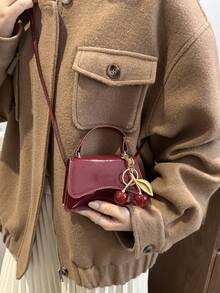 Fashionable Solid Color Minimalist Mini Handbag, Women's Underarm Crossbody Bag (Cherry Pendant Included), Suitable For Shopping, Daily Carry, Suitable For Young Women, College Students, Career Starters, Office Workers. Also Suitable For Office, School, Work, Business, Commuting, Outdoor Activities, Travel And Short Trips. - Burgundy - View 3