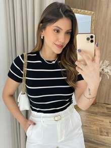 Luxury Striped Short-Sleeve Blouse In High-Stretture Modal Fabric - Dream Blue - View 3