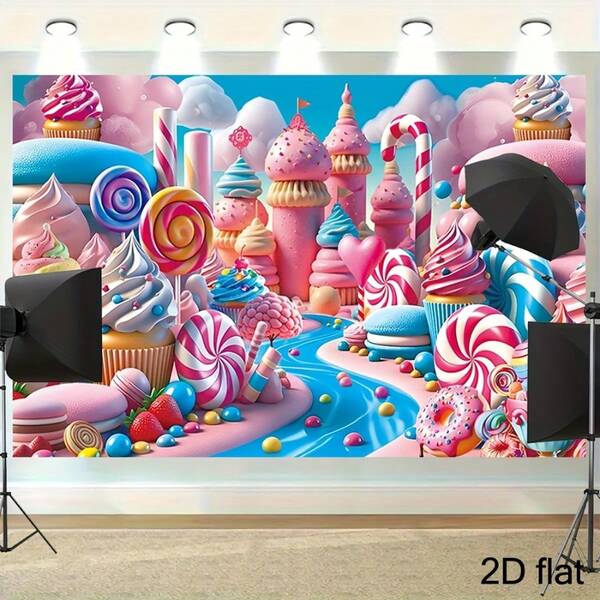 2D Flat1 Candy Kingdom Party Banner - Colorful Sweet Scenery, Rainbow, Lollipop And Ice Cream Decorations, Wall Or Room Decorations, Birthday, Wedding Or Celebration Background, Holiday Room Decorations | Fantasy Candy Kingdom Theme | Color Illustrations, Candy Kingdom Decorations