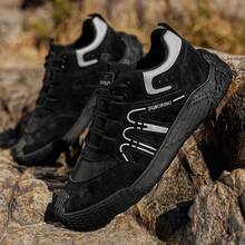 男士舒适拼接装饰文字线条图案圆头系带厚底平底休闲鞋，街头风，适合日常通勤，撞色麂皮材质 - 黑色 - 查看 4