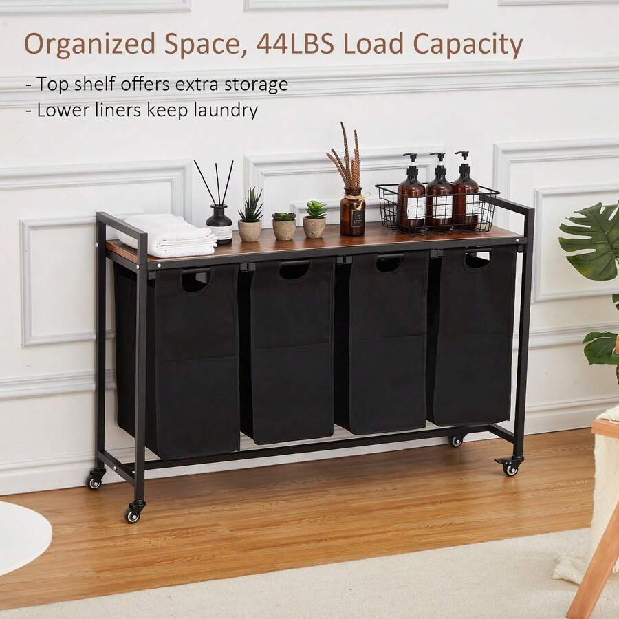 Cesta de lavandería organizadora de cesta de lavandería con bolsas extraíbles y extraíbles, ruedas y estante, cesta de ropa sucia para lavadero, baño, recámara y recámara - 43,7 x 13 x 28,4 pulgadas - Ver 1