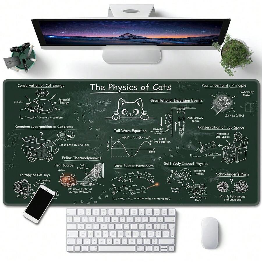 1pc The Physics Of Cats Desk Mat Mousepad XL - Science Teacher Or Cat Lover Gift - Physics Desk Decor Gaming Office Mousepad Desk Accessories Computer Accessories Mat Non-Slip Base And Stitched Edge Keyboard Mousepad Computer Long Desk Pad For Gaming And Office