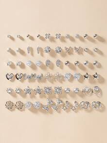 30 Pairs Assorted Fashionable Minimalist Metal Rhinestone Bow, Heart, Star Stud Earrings Set, Cute & Simple Design For Daily, Casual, Holiday Wear, Gift - Silver - View 6