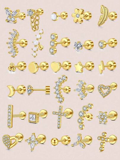 1 Set 20G Gold Plated Stud Earrings, Flat Stainless Steel Butterfly, Opal, Pearl, Flower, Sun, Butterfly, Snake Cross, Cubic Zirconia Stud Earrings, Flat Cartilage Helix Spiral Earrings, Women Flat Earrings, Low Allergy Cubic Zirconia Earrings, Cartilage Lobe Spiral Earrings