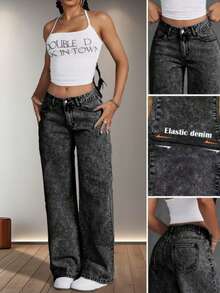 Vaqueros oscuros básicos, casuales y versátiles para mujer, holgados, de pierna ancha, vaqueros básicos de moda, una prenda de moda imprescindible para los desplazamientos diarios. - Gris - Ver 4