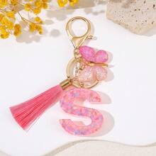 闪亮树脂字母钥匙扣，带流苏和蝴蝶吊坠，时尚配饰，送给朋友的理想礼物，包包挂件 - 粉色 - 查看 4