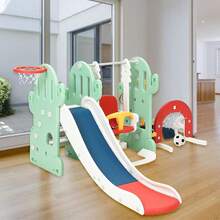 Tobogán y columpio de 18 cm para niños pequeños, tobogán de 193 cm de largo para niños de 1 a 3 años, juego para interior y exterior con columpio ajustable, aro de baloncesto, fútbol, golf y lanzamiento de aros. - Verde - Ver 4