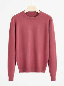 Men's Solid Color Crew Neck Casual Loose Fit Long Sleeve Sweater, Autumn/Winter - Burgundy - View 2