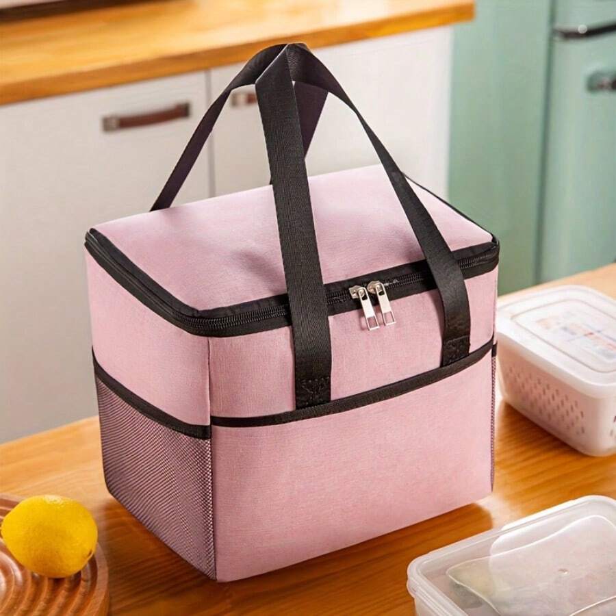 1 Piece Oversized Thermal Lunch Tote In Blue & Red, Durable Foil-Lined Handheld Bento Bag With Reinforced Cationic Fabric For Everyday Use, Work Lunches & Outdoor Activities, Featuring A Minimalist & Leisure Design - Hồng - Xem 1